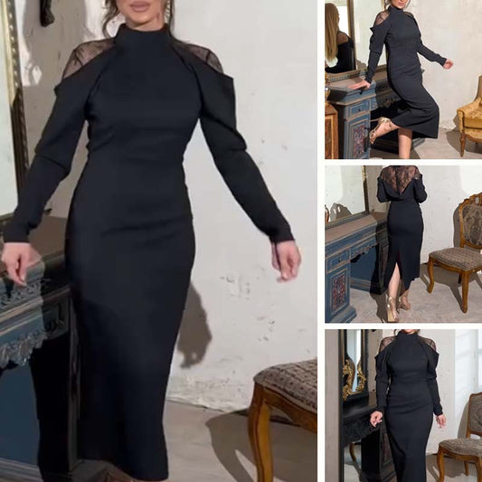 Elegante midi-jurk voor dames met opstaande kraag en kanten details op de rug
