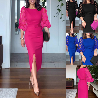 Elegante jurk met getailleerde snit en pofmouwen van mesh