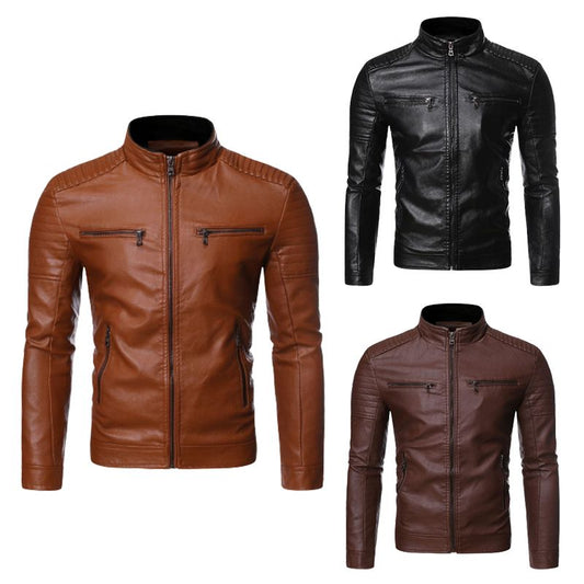 Leren heren bikerjack met opstaande kraag