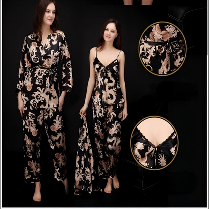 Dames Pyjama 3-Delige Set in Oosterse Stijl: Zijdezacht met Draakmotief