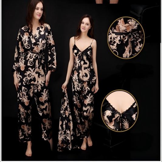 Dames Pyjama 3-Delige Set in Oosterse Stijl: Zijdezacht met Draakmotief