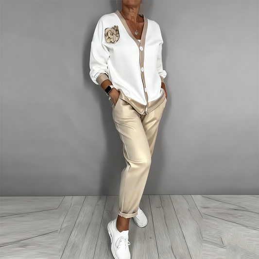 🔥Offre à durée limitée - Ensemble 2 pièces pour femme composé d'un haut décolleté en V décontracté et d'un pantalon taille haute