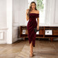 👗✨ Elegante Off-Shoulder Maxi-Jurk met Ruches & Side Slit – Glanzende Stof, Vervormende Taille & Veelzijdig voor Avondfeesten/Bruiloften!