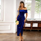 👗✨ Elegante Off-Shoulder Maxi-Jurk met Ruches & Side Slit – Glanzende Stof, Vervormende Taille & Veelzijdig voor Avondfeesten/Bruiloften!