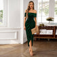 👗✨ Elegante Off-Shoulder Maxi-Jurk met Ruches & Side Slit – Glanzende Stof, Vervormende Taille & Veelzijdig voor Avondfeesten/Bruiloften!