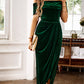 👗✨ Elegante Off-Shoulder Maxi-Jurk met Ruches & Side Slit – Glanzende Stof, Vervormende Taille & Veelzijdig voor Avondfeesten/Bruiloften!