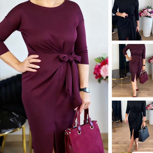 Dames Elegante Midi Jurk met Knoopdetail en Voorsplit