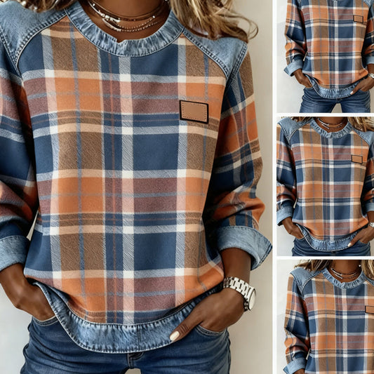 Dames denim patchwork geruite tops met lange mouwen