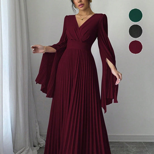 Elegante maxi-jurk met V-hals, plooien en vloeiende mouwen