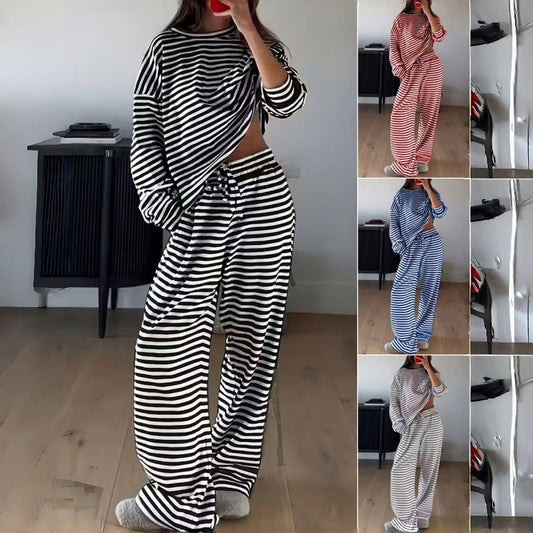 Dames gestreepte loungewear met lange mouwen, tweedelige set