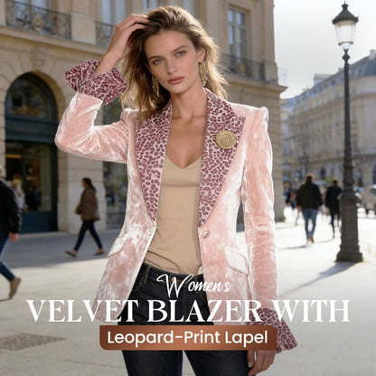 Fluwelen damesblazer met revers met luipaardprint