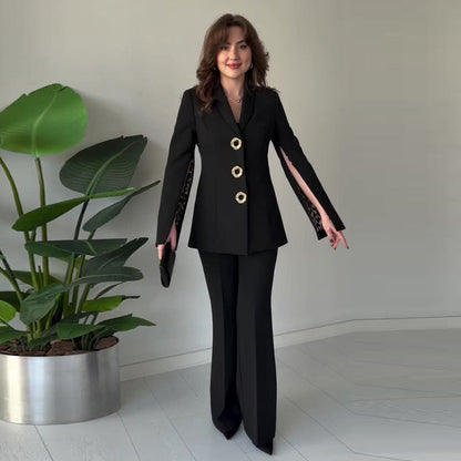 Elegante tweedelige set voor dames met blazer met gesplitste mouwen en broek