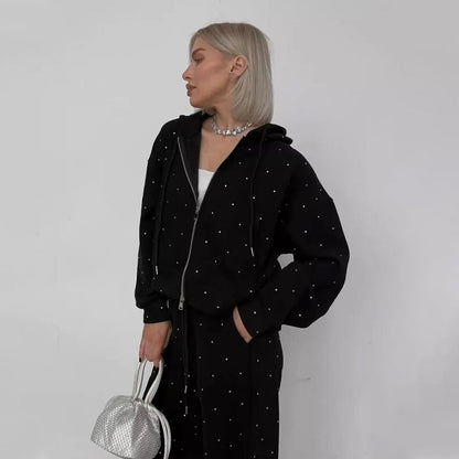 2-delige set voor dames: hoodie met rits en stippen en broek