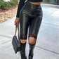 Sexy skinny broek van PU-leer en patchworkkant
