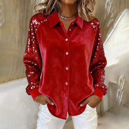 Dames shirt met lange mouwen en knoopsluiting en pailletten