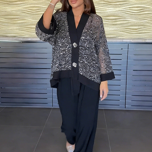 Dames V-hals sequin vest & wijde broek 2-delige set