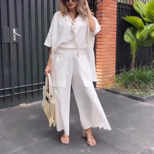 Casual set voor dames met oversized shirt en wijde broek