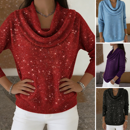 Sparkle Cowl Neck Top met Lange Mouwen