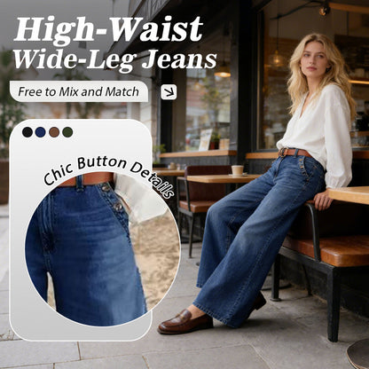 💎 60% KORTING! 💎 Jeans met hoge taille en wijde pijpen met knoopdetails – Vintage flair, premium gewassen denim en flatterend silhouet 👖✨
