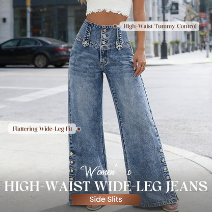 Hoge taille wijde pijpen jeans voor dames met zijsplitten