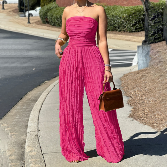 Strapless jumpsuit met wijde pijpen en kreukels