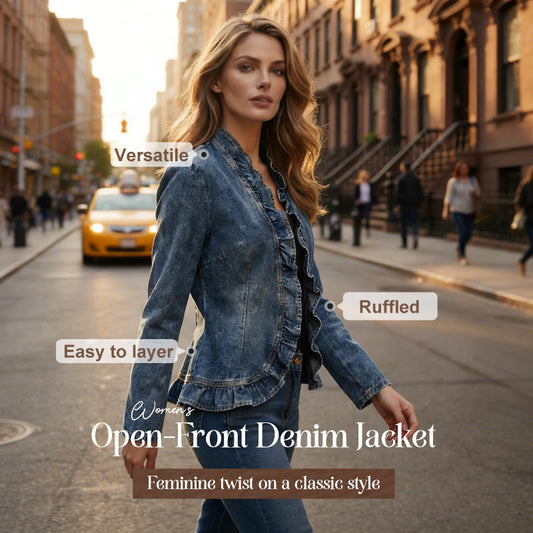 🧥 NU 57% KORTING! 🌸 Dames denimjas met ruches en open front – Lichtgewicht & vrouwelijk – Veelzijdig & chic 👗