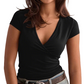 Dames T-shirt met V-hals, korte mouwen en overslag
