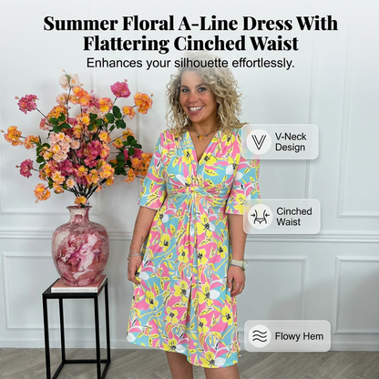 Zomerse A-lijnjurk met bloemenprint en strik in de taille, ideaal voor dagelijks gebruik