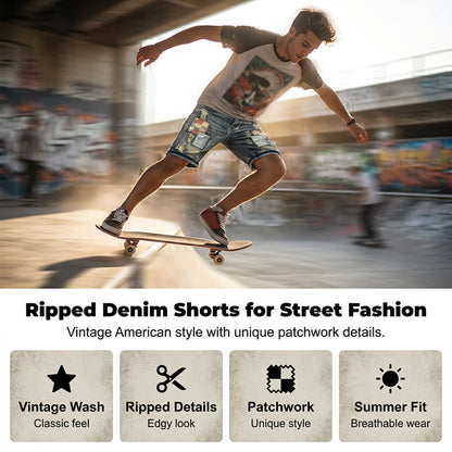 🔥Heren-jeansshort met scheuren – Patchwork-ontwerp voor een stoere streetstyle-look 👖✨