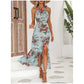 Halterjurk met split en bloemenprint