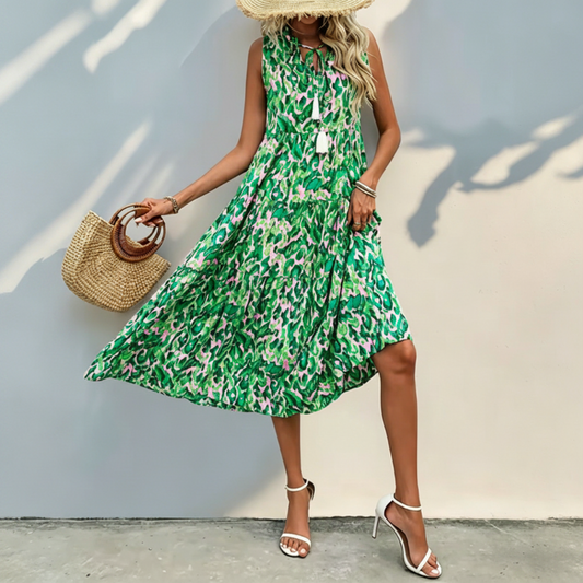 👗Nieuwe collectie 40% KORTING🌸Midi-jurk voor dames zonder mouwen met abstracte print en gelaagde rok