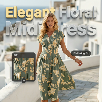 Midi-jurk met V-hals, bloemenprint en knoopsluiting voor dames