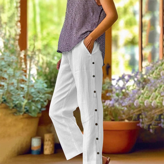 Casual effen cropped broek met losse pasvorm en knopen aan de zijkant