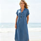 Maxijurk van denim met V-hals en ritssluiting voor dames