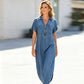 Maxijurk van denim met V-hals en ritssluiting voor dames