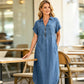 Maxijurk van denim met V-hals en ritssluiting voor dames