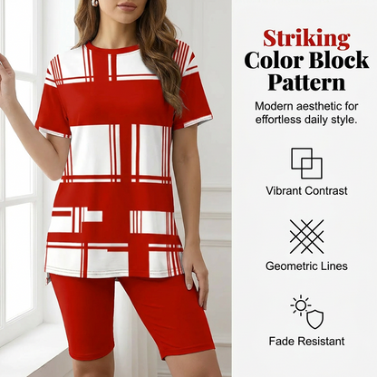 Set met een top met korte mouwen en een korte broek met contrasterende print voor dames