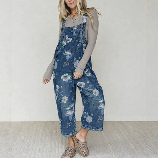 Vintage denim overall met bloemenprint voor dames