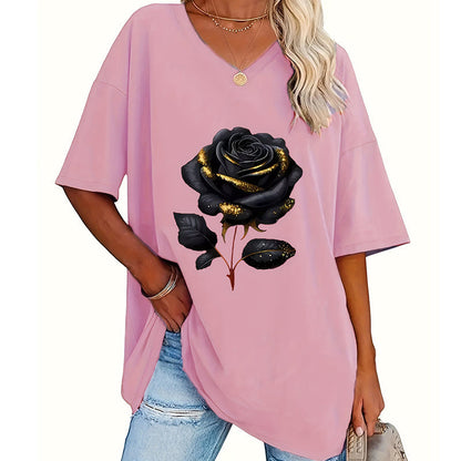 Dames-T-shirt met V-hals en rozenprint in grote maten