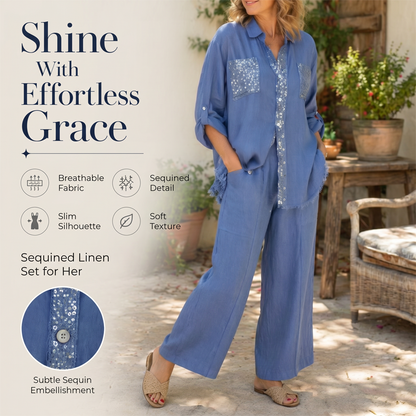 ✨ 50% KORTING ✨ Luxe Dames Set met Pailletten – Licht & Chic 💙