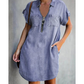 Casual denim jurk voor dames, losvallend, met revers, korte mouwen, ritssluiting en zakken