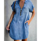 Casual denim jurk voor dames, losvallend, met revers, korte mouwen, ritssluiting en zakken