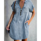 Casual denim jurk voor dames, losvallend, met revers, korte mouwen, ritssluiting en zakken