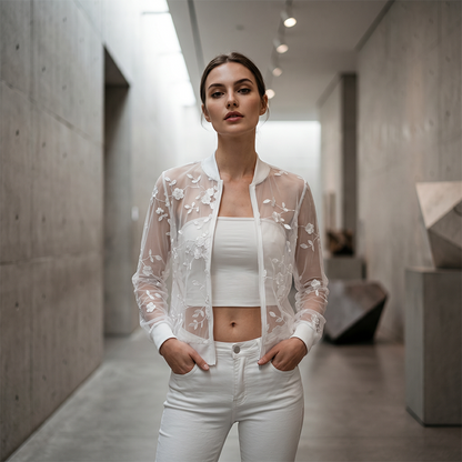 🌸 50% KORTING! ✨ Dames Zomer Bloemen Transparant Mesh Jasje – Borduurwerk, UV-bescherming & Rits 🌞