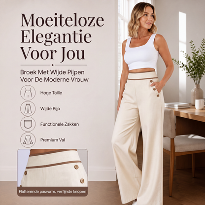 Dames hoog getailleerde wijde pijpen broek met contrasterende bies