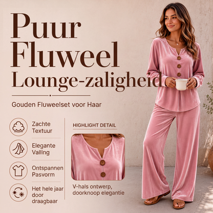 Dames Fluweel Set – V-hals met Knopen, Lange Mouwen & Glanzende Lange Broek