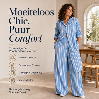 Dames Gestreept Lang Shirt & Wijde Broek Set