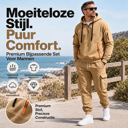 Set bestaande uit een warme herenhoodie met halve rits en een cargobroek