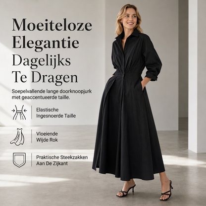 👗50 OFF🔥Stijlvolle dames shirtsjurk van katoen-linnen met effen kleur, omgeslagen kraag, elastische taille en uitlopende zwaaivormige zoom