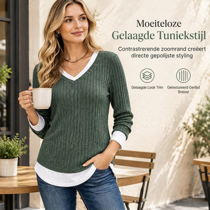 🔥Populair product ！✨Nep tweedelig gelaagde gebreide top, casual tuniek shirt met V-hals